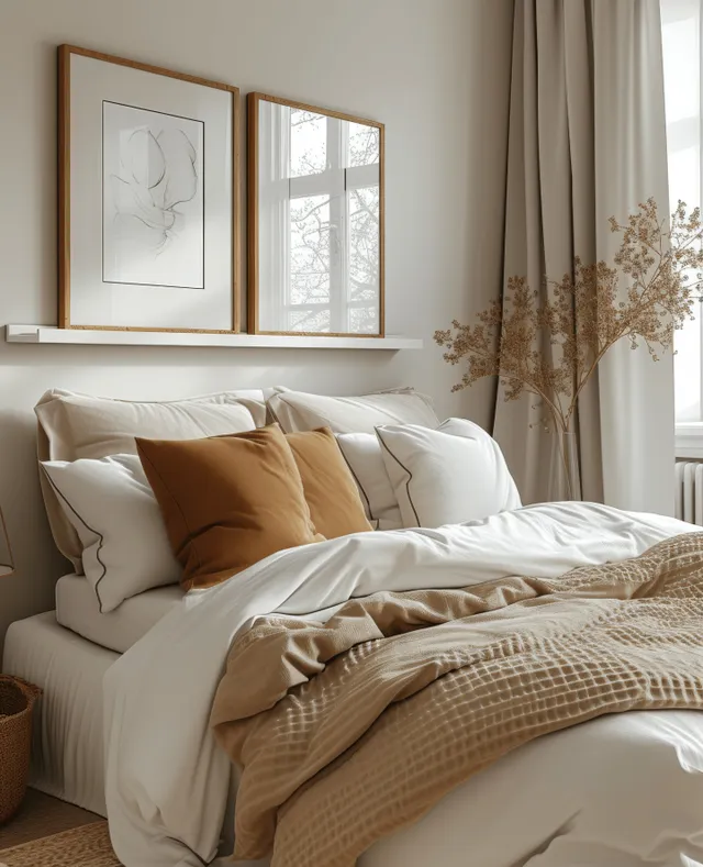 Three vertical wooden frame mockups hang above a neatly made beige and white bed in a sunlit modern bedroom.