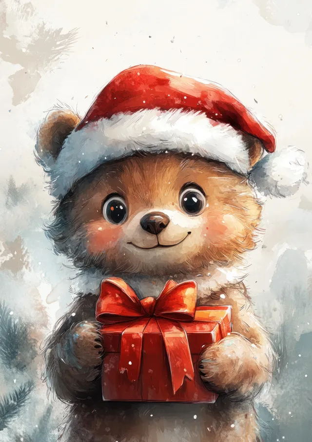 Cartoon bear in a red Santa hat holding a wrapped gift box with snowy watercolor splashes behind it.