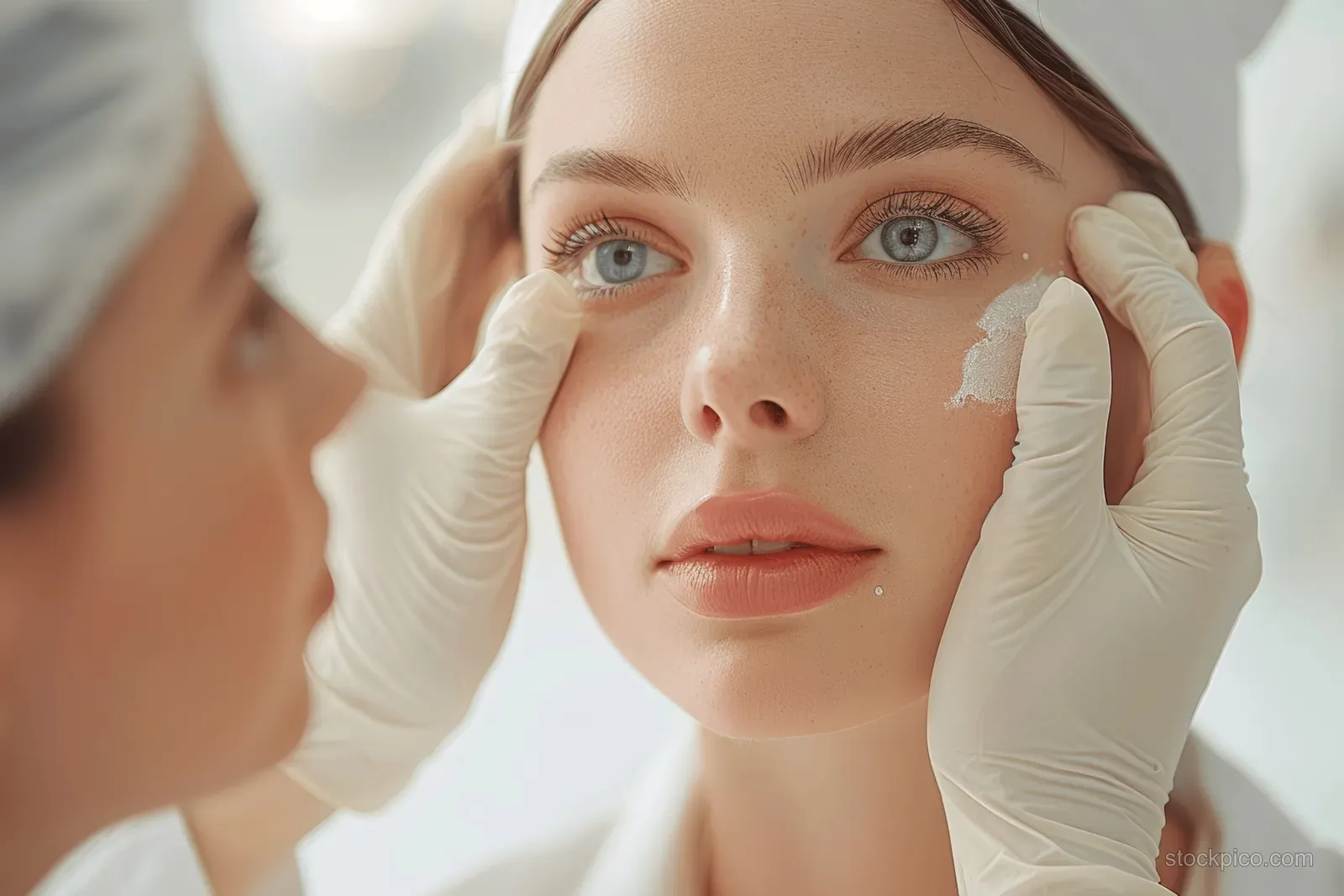 A woman receives a facial examination from a healthcare professional in a clean clinic, emphasizing skincare and wellness.