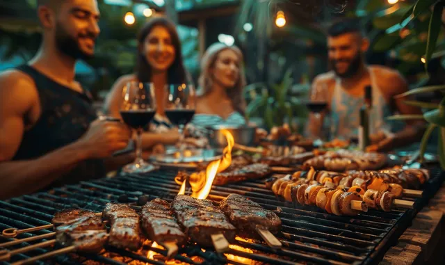 Friends grilling steak and sharing red wine at a backyard BBQ gathering
