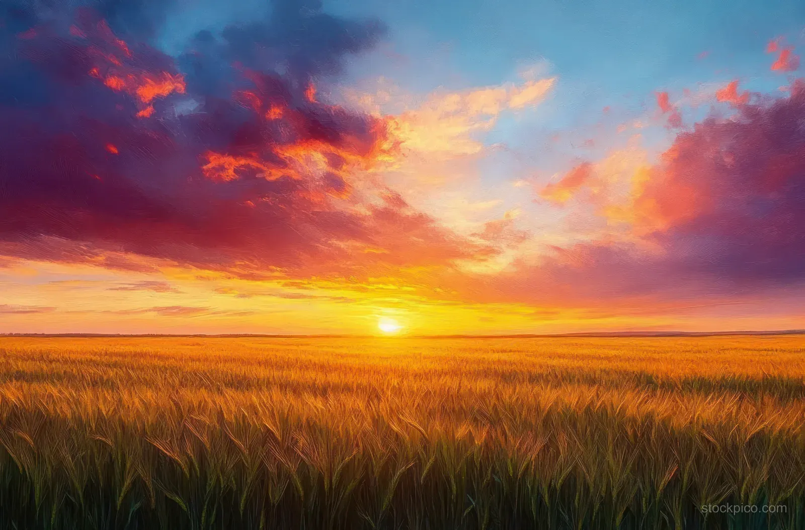 Golden wheat field under a vibrant orange, pink, purple, and blue sunset sky with dramatic clouds.