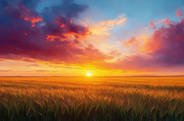 Golden wheat field stretching across the horizon beneath a fiery orange and purple sunset