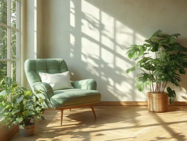 Green armchair with a white cushion sits beside potted plants in a sunlit minimalist Scandinavian room.