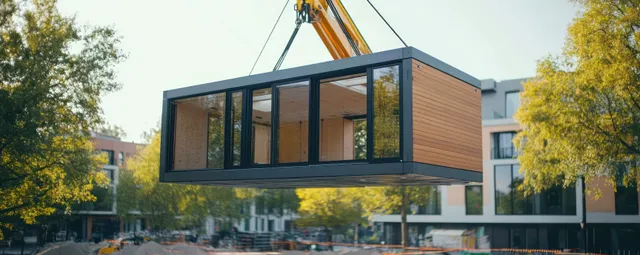 A crane lifts a modular house section with large windows at a sunny construction site surrounded by trees.