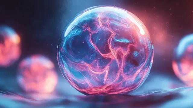 A glowing translucent orb with swirling blue and pink light sits in front of blurred glowing spheres on a smooth surface.