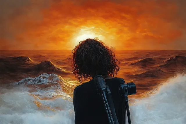 Back view of a person with a telescope on their back watching turbulent ocean waves at an orange sunset.