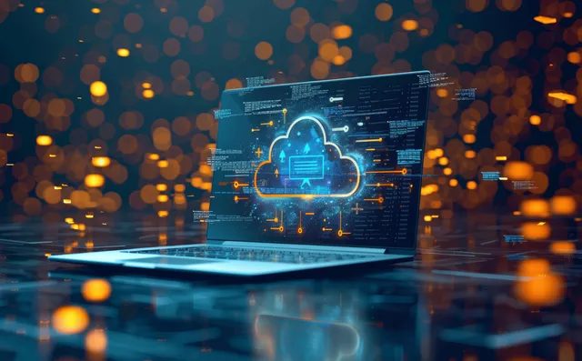 Cloud data transfer system with glowing lock icons over a laptop interface