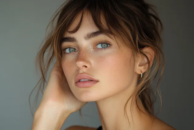 Young European woman smiling while touching her ear in a minimalist studio portrait with dramatic lighting.