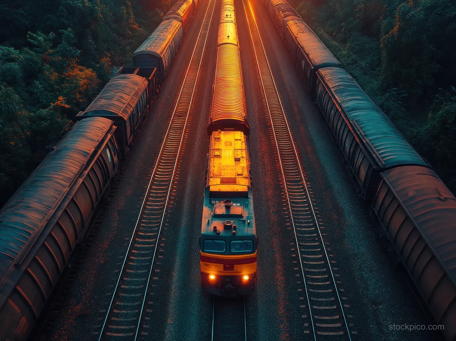 Aerial view down multiple train tracks with colorful locomotives lit by golden-hour sunlight in an industrial yard.