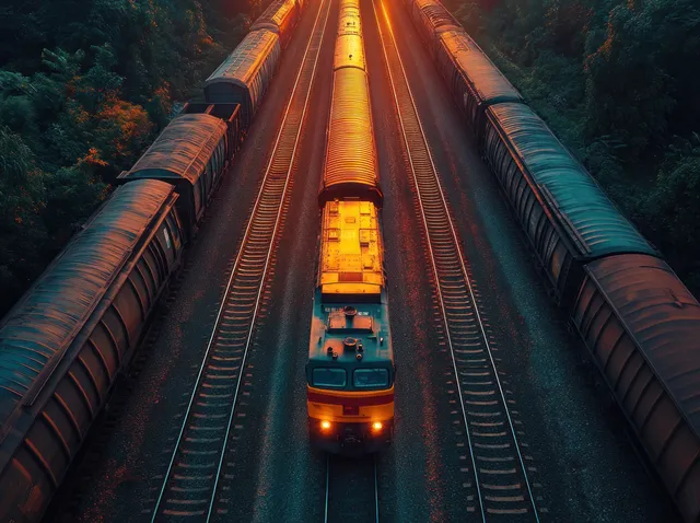 Aerial train yard view showing colorful locomotives and intricate rail tracks at golden hour