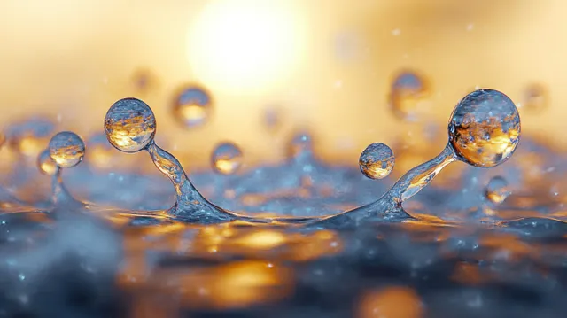 Water droplets refracting light above a molecular science abstract background