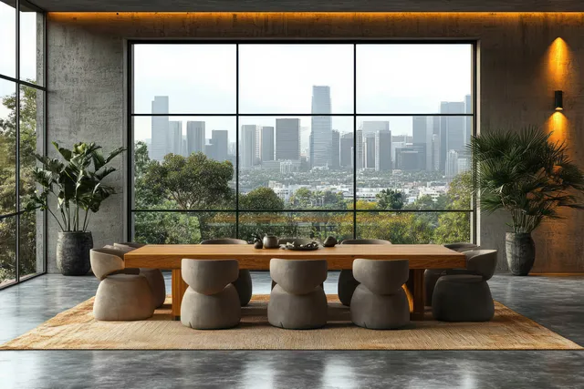 Minimalist dining room with wooden table, cushioned benches, and large windows revealing a bright city skyline.