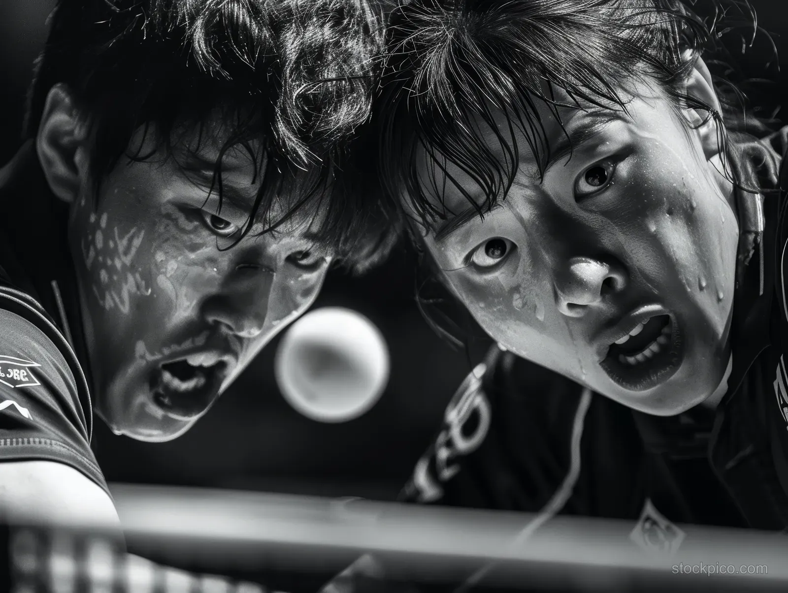 Two mixed doubles table tennis players stare intensely as a ball blurs mid-flight in black-and-white.