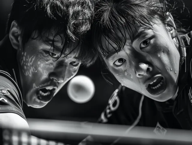 Table tennis mixed doubles rally captured in intense black-and-white close-up