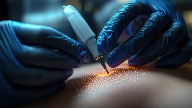 Gloved hands performing a handheld laser treatment, projecting orange light dots onto the patient’s skin.
