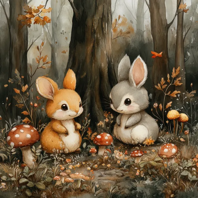 Playful woodland animals in a watercolor forest scene with mushrooms and soft mist