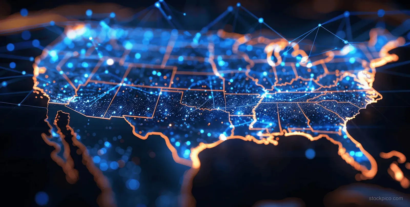 Glowing blue network lines trace the outline of the US map across dark digital background.