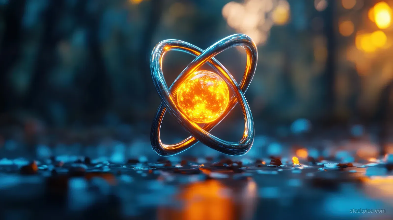 Glowing yellow-orange energy sphere with chrome orbiting rings reflected on a dark glossy surface.