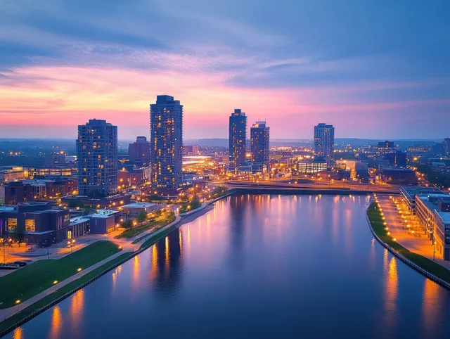 Dusk skyline of Cedar Rapids and Iowa City beside the Cedar River, with illuminated buildings reflected in calm water.