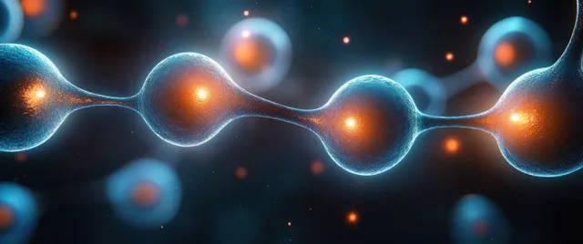 Glowing molecular network with blue and orange atoms drifting on dark scientific background