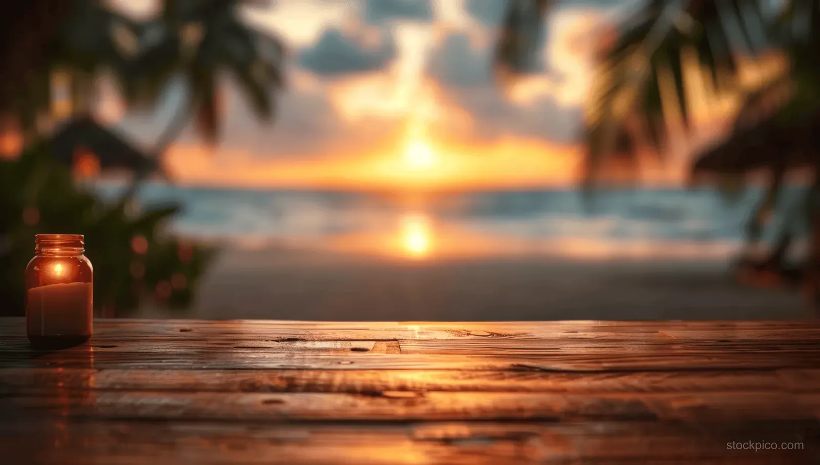 A jar candle on a wooden table with a blurred tropical beach sunset over the ocean horizon.