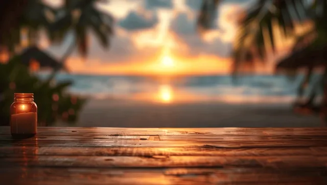 A jar candle on a wooden table with a blurred tropical beach sunset over the ocean horizon.