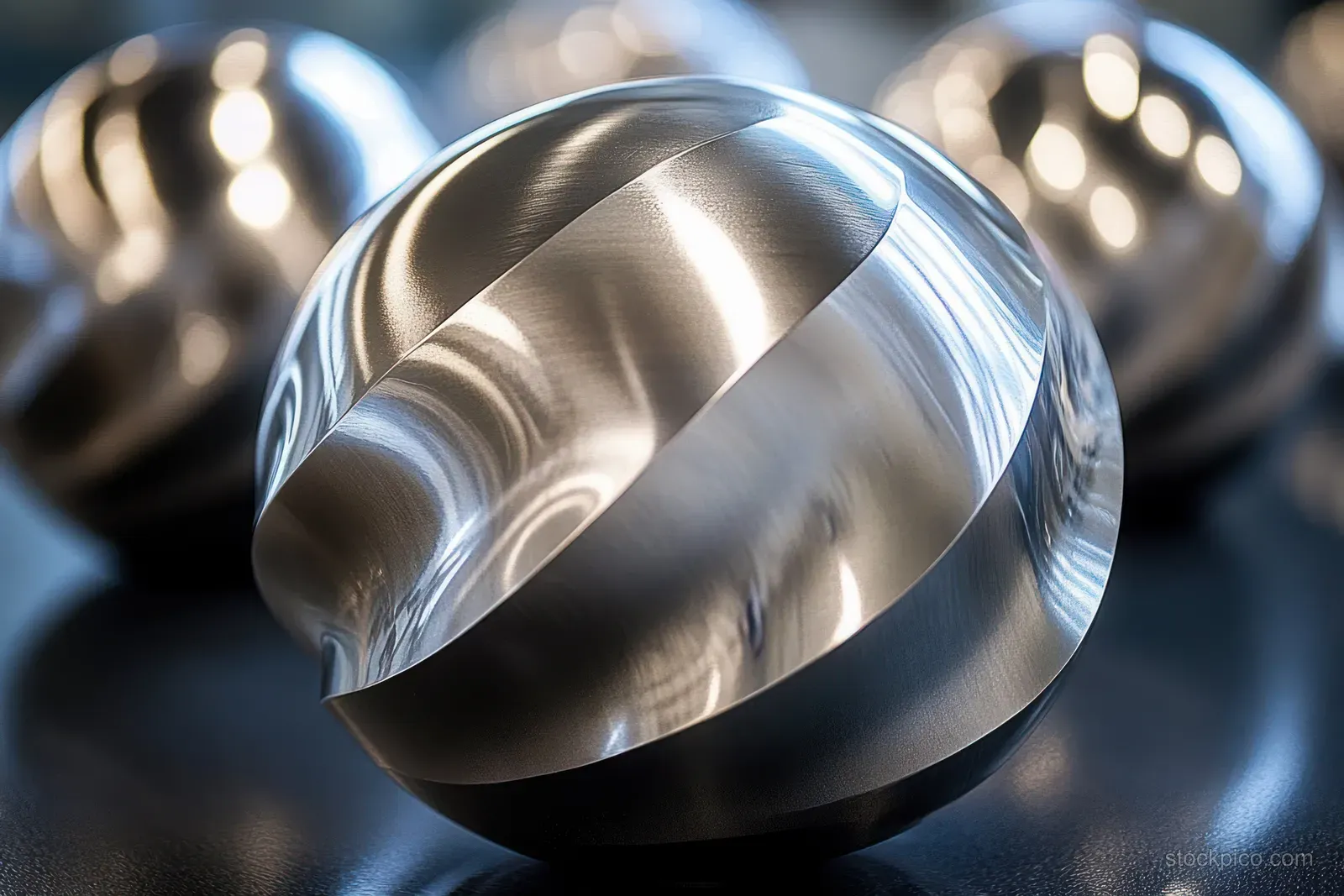 Polished steel sphere with curved grooves reflecting light on a dark industrial surface.