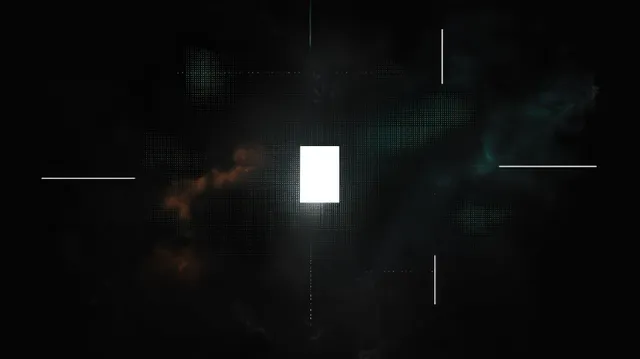 Centered glowing white square surrounded by pixelated dots and orange-blue smoke wisps on a dark background.