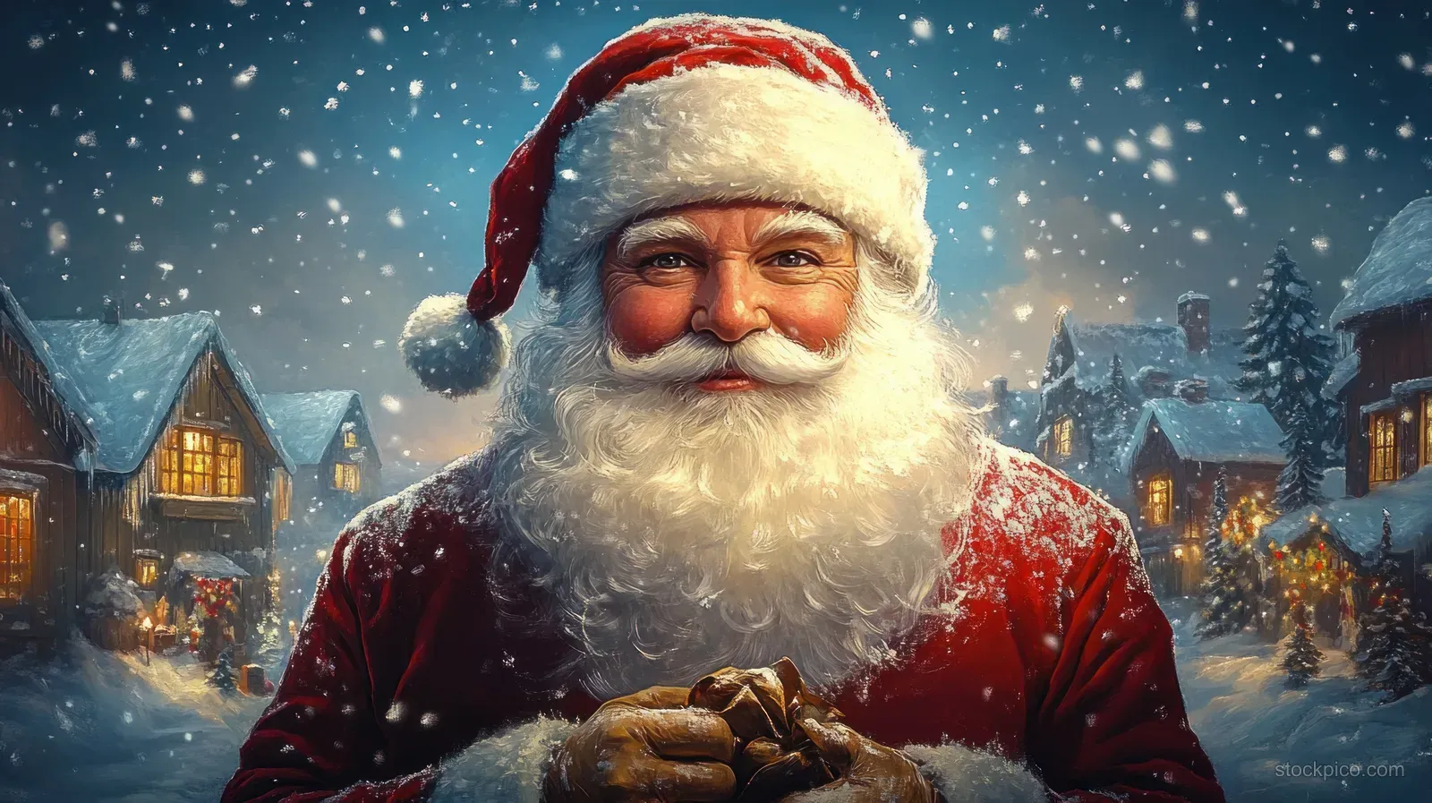 Santa Claus in a red and white coat stands in a snowy village at night with glowing windows and falling snow.