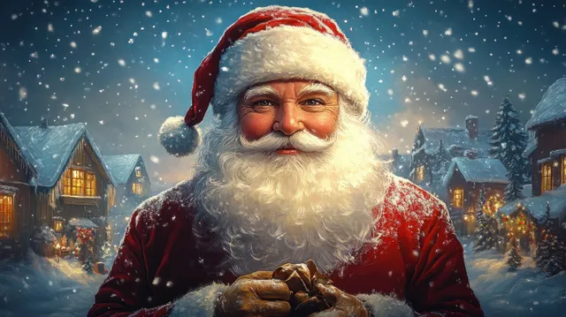Santa Claus in a red and white coat stands in a snowy village at night with glowing windows and falling snow.
