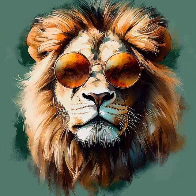 Lion head with a golden mane and round sunglasses centered on a soft olive watercolor background.