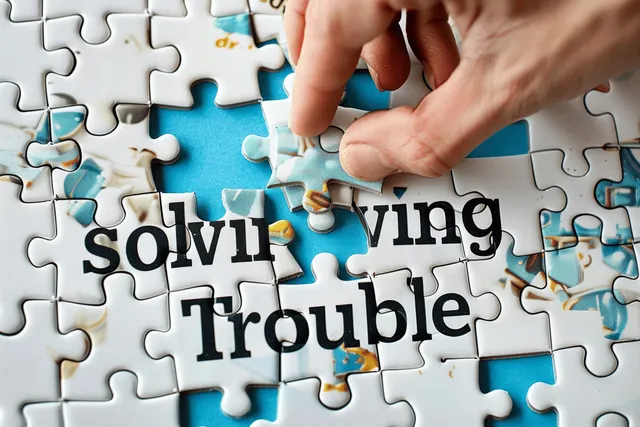 Hands place a jigsaw piece on a puzzle showing the words “solving” and “trouble.”