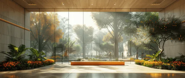 Sunlit glass office atrium shows motion-blurred people moving beside indoor trees and landscaped planters.