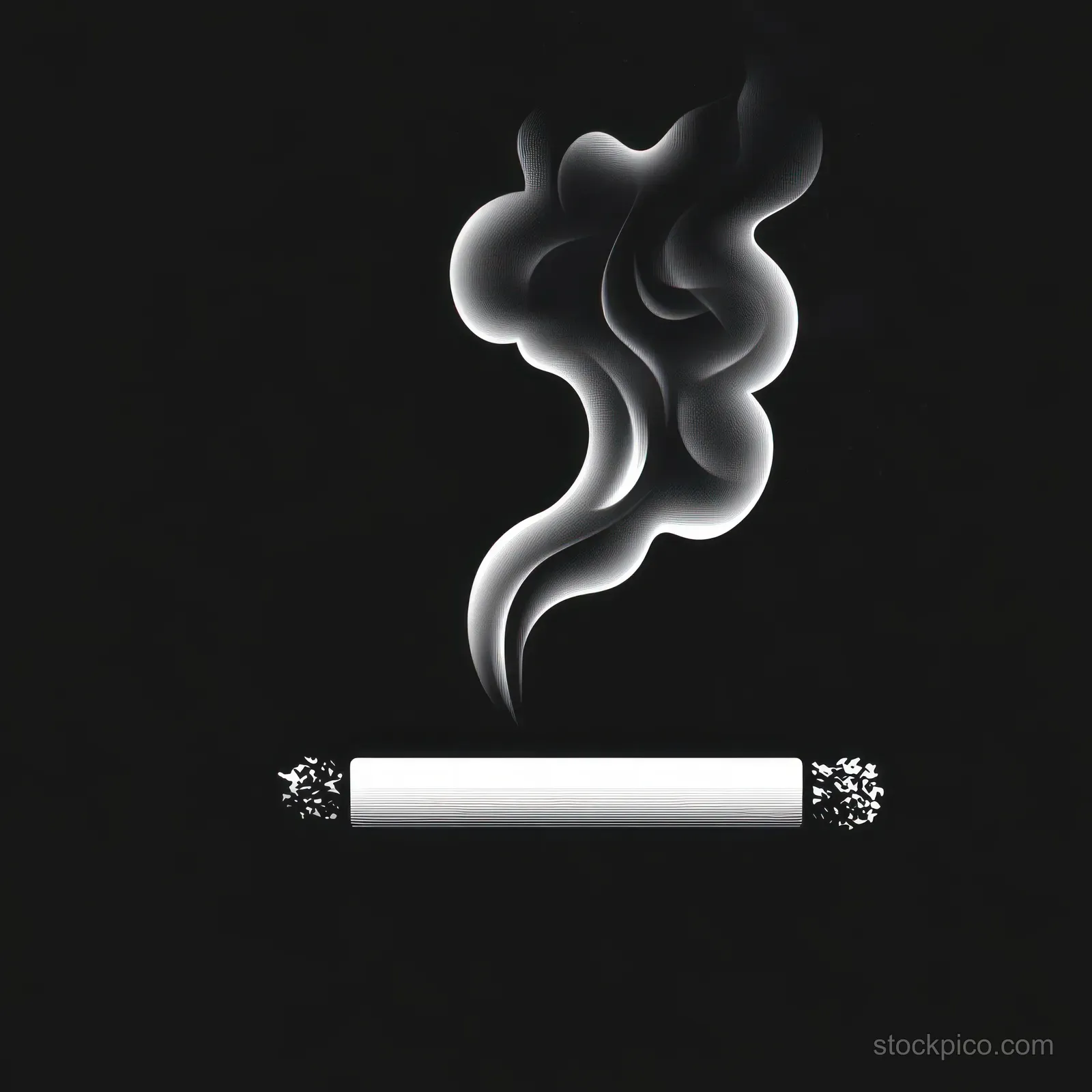 A burning cigarette end emits thick curling smoke on a black background, suggesting a harmful health risk.
