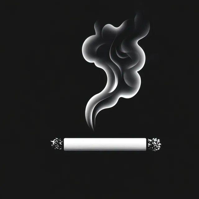A burning cigarette end emits thick curling smoke on a black background, suggesting a harmful health risk.