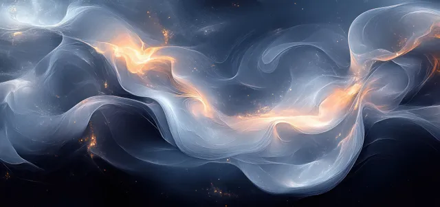 Monochrome swirling nebula with glowing orange lightning arcs in a smoky vortex background.