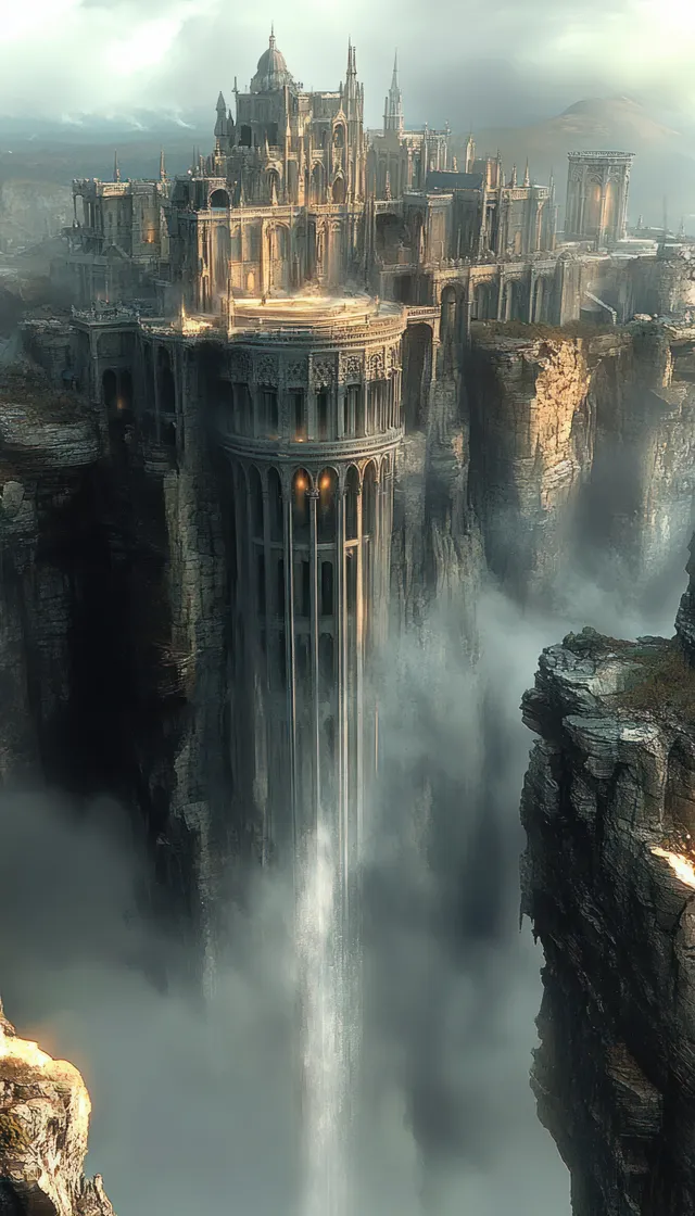 Ancient stone fortress towers above a misty cliff over deep chasms and waterfalls