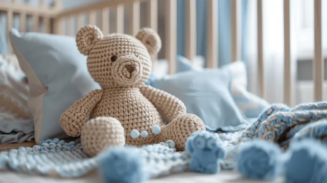 Wooden nursery crib with knitted teddy bear and blue pillow in soft morning light