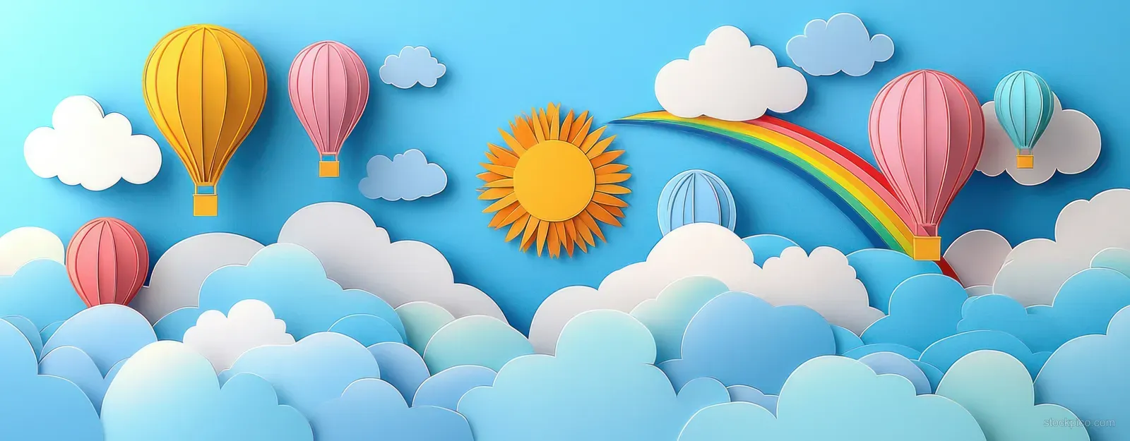 Colorful hot air balloons float above fluffy clouds beneath a bright sun and rainbow in a clear blue sky.
