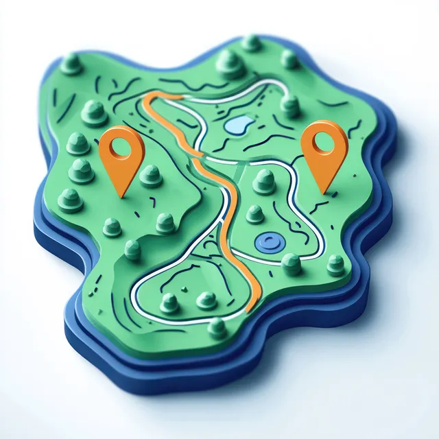 3D layered topographic map featuring green hills, winding rivers, lakes, roads, and two location pins for points of interest.