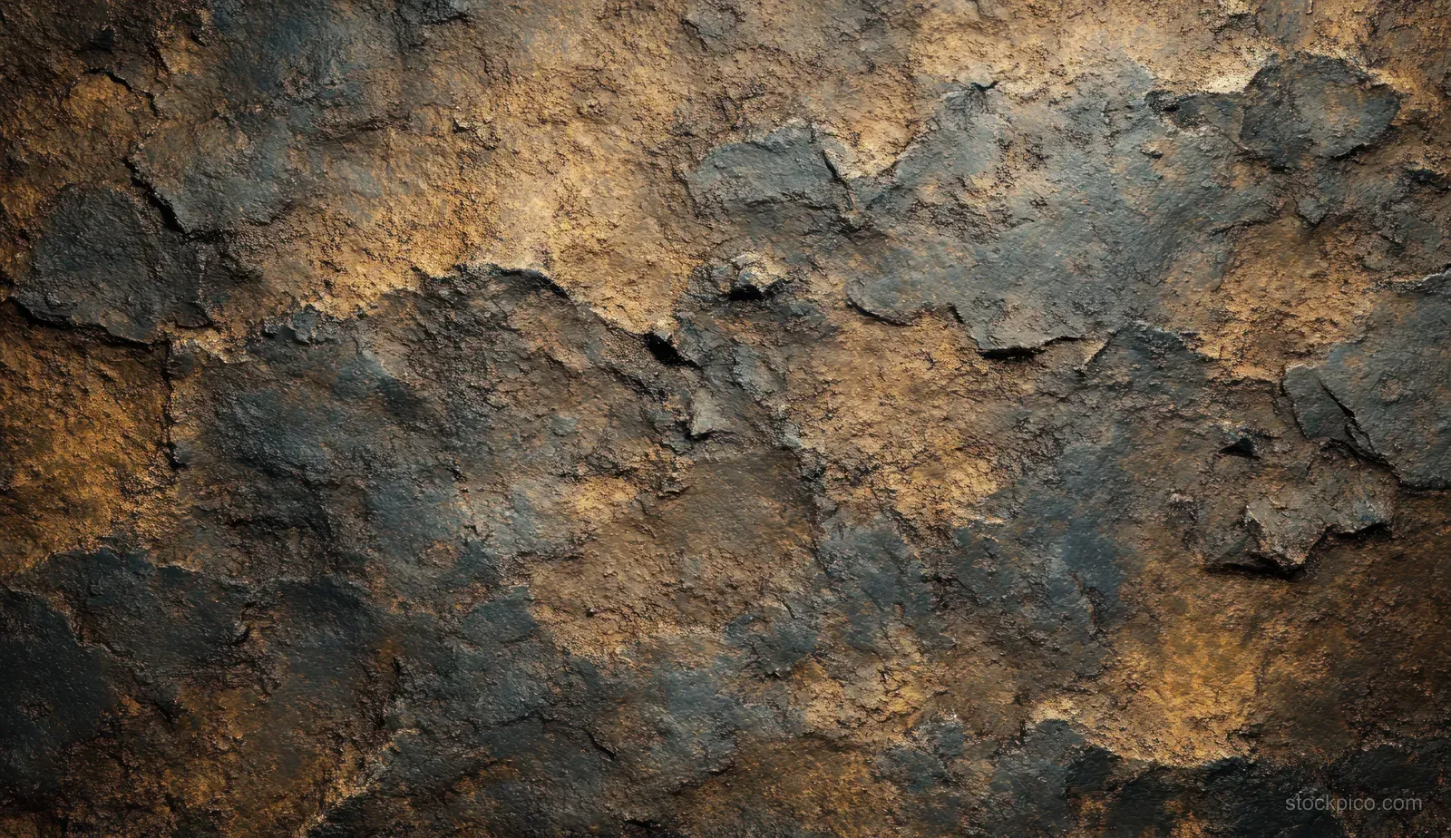 Close-up of cracked rusty metal with peeling paint layers and dark weathered patches.