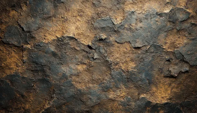 Close-up of cracked rusty metal with peeling paint layers and dark weathered patches.