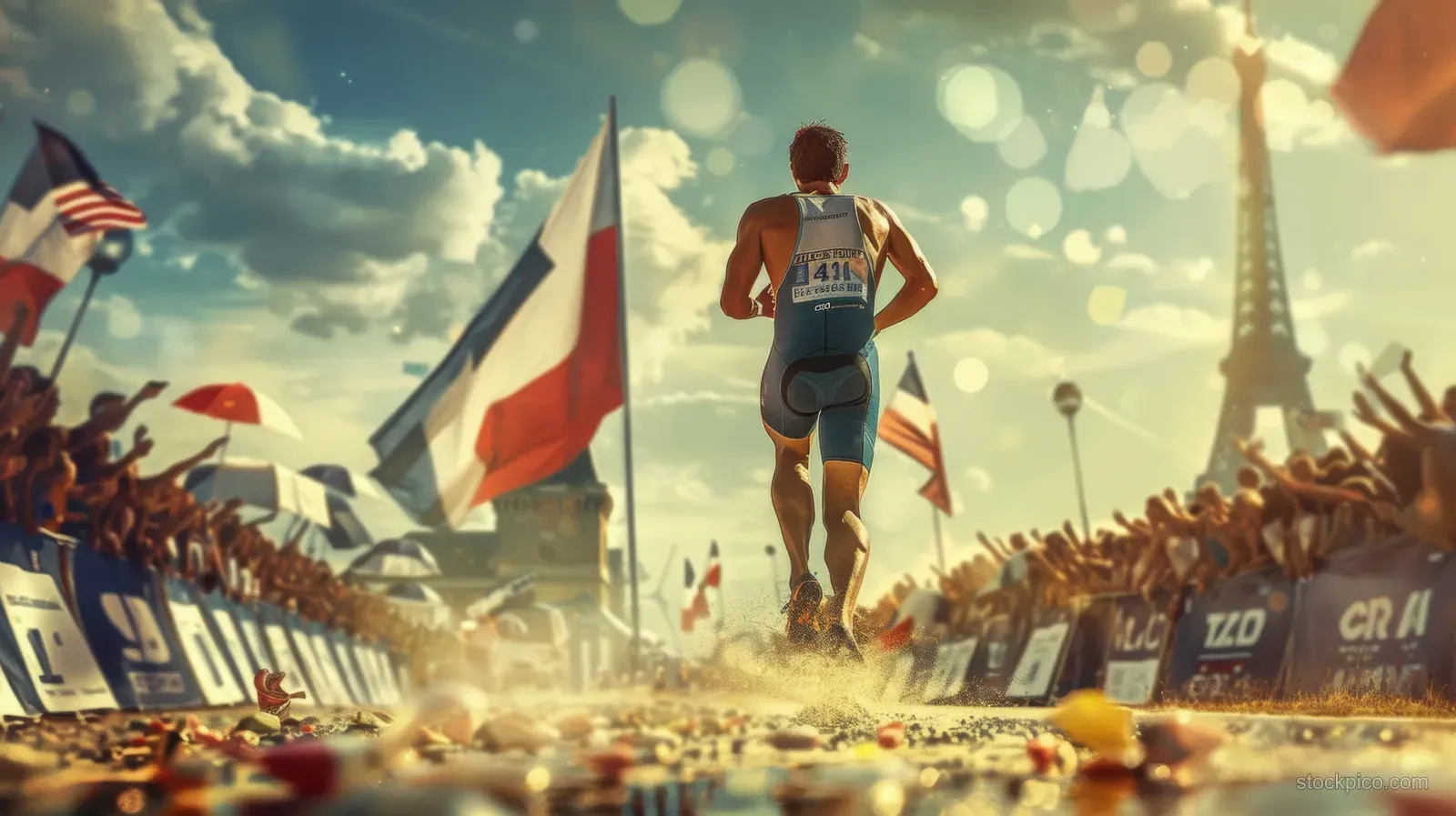 A triathlete sprints toward the finish line as cheering spectators wave French flags along the track.