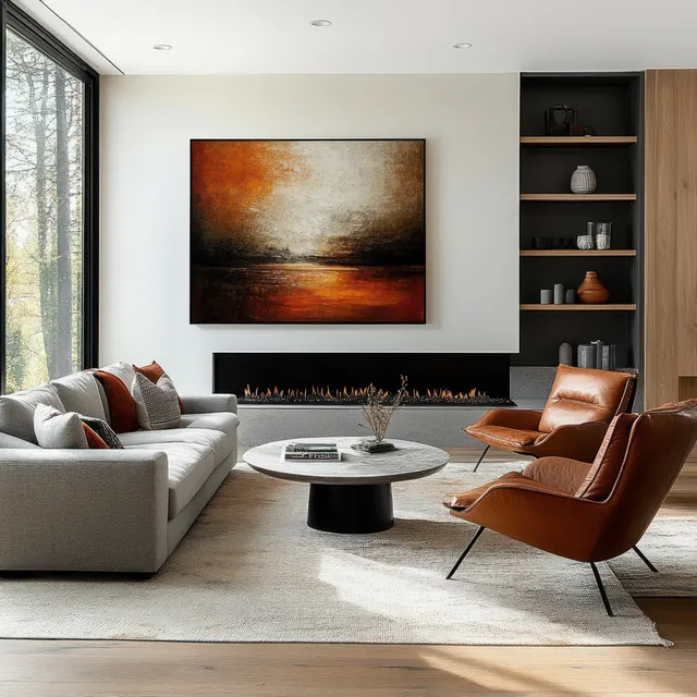 Gray sofa and brown leather armchairs sit beside a fireplace under an abstract painting in a modern living room.