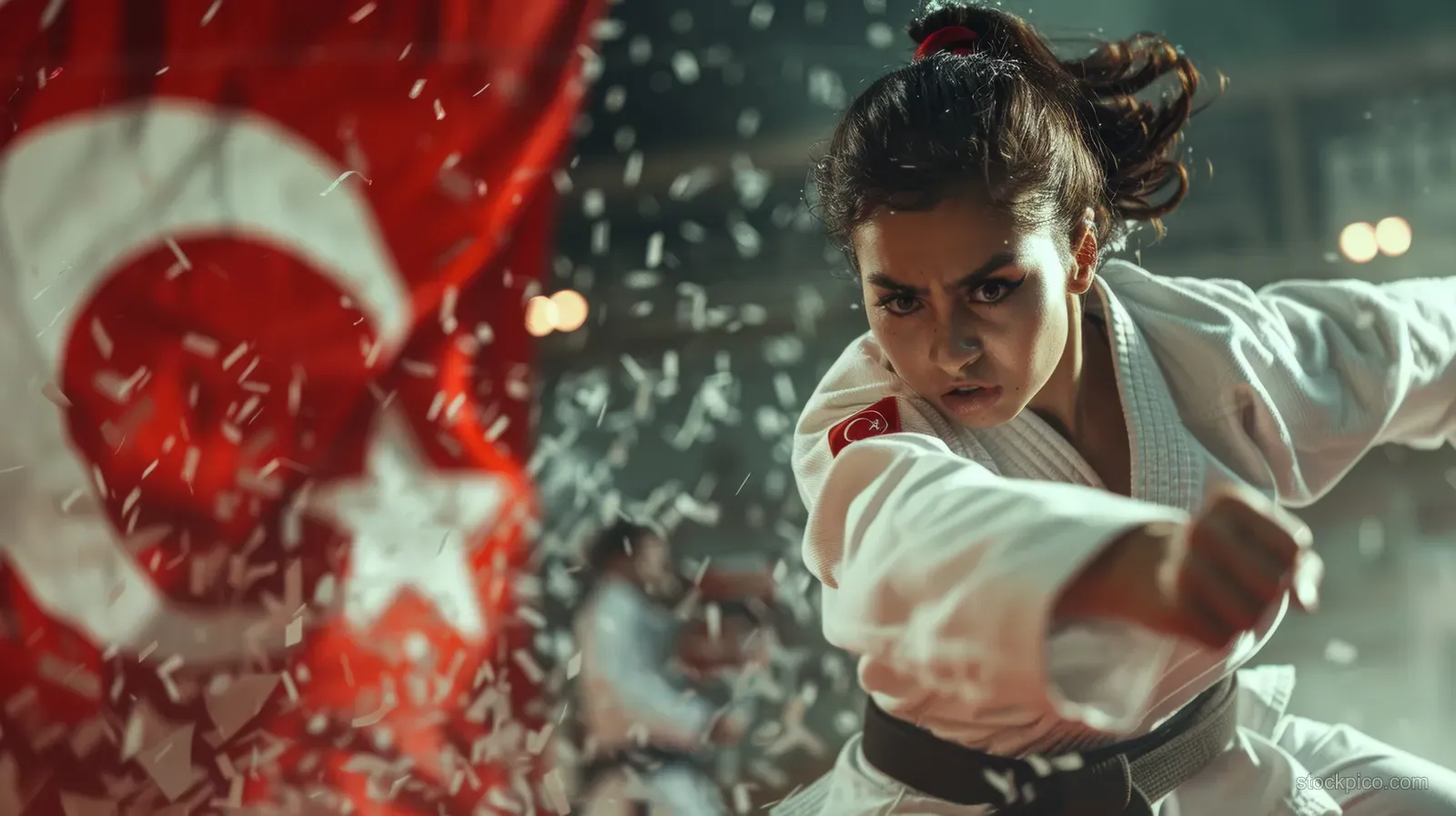 Turkish female karate fighter kicks during a kumite match with confetti flying in a lit arena.