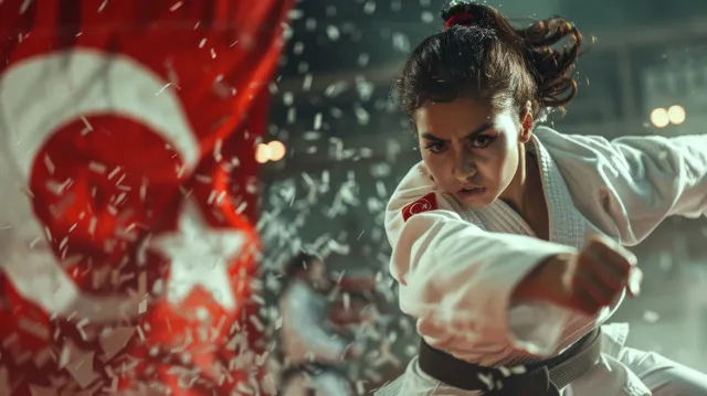 Turkish female karate fighter kicks during a kumite match with confetti flying in a lit arena.