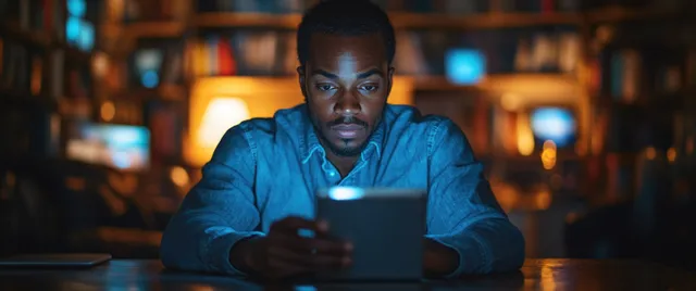 A man works late at a desk in a dark office, using a smartphone and laptop with glowing screens.