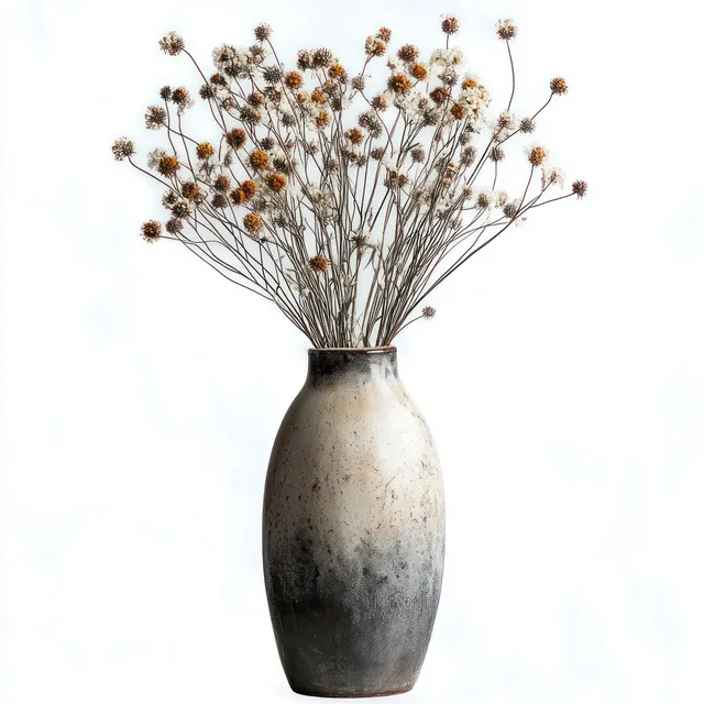 Rustic ceramic vase holding thin dried flower branches on a clean white background