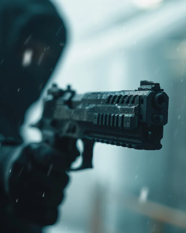 A German pistol in a shooter’s hand aiming at targets at a range with dramatic blurred lighting behind.