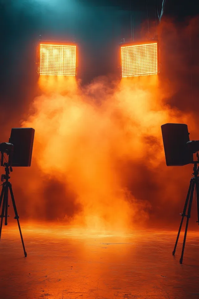 Orange stage spotlights cut through thick smoke as two black speaker cabinets on tripods face inward in a dark venue.